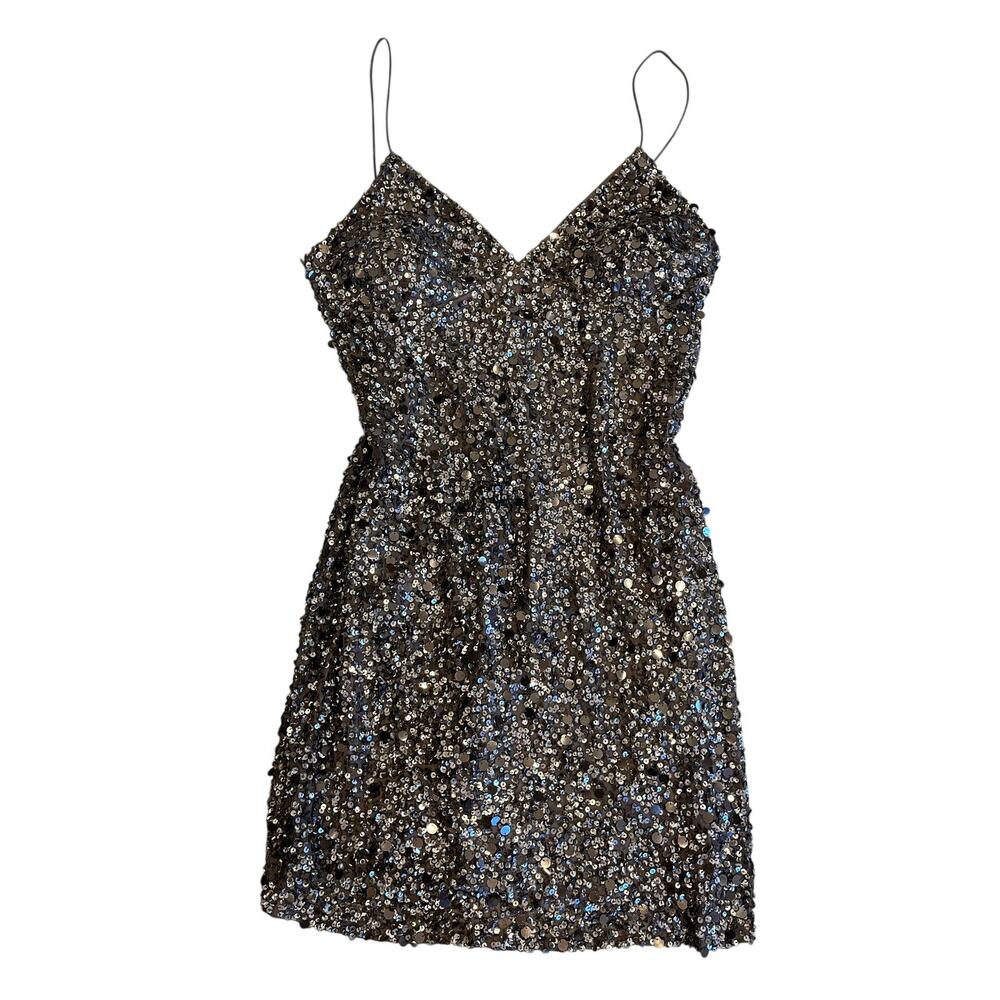 Cache Size 12 Silk Sequin Beaded Bronze Spaghetti Strap Cocktail Dress